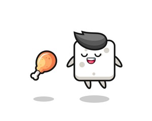 Naklejka premium cute sugar cube floating and tempted because of fried chicken