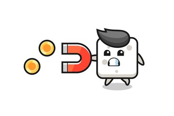 Fototapeta premium the character of sugar cube hold a magnet to catch the gold coins