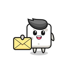cartoon illustration of sugar cube holding a yellow letter