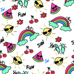hand drawn doodle  vector summer seamless pattern with rainbow watermelon and sun
