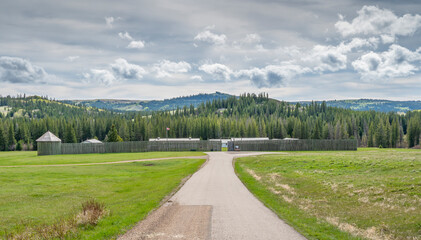 Distant view of Fort Walsh National Historic Site in the Cypress Hills near Maple Creek,...