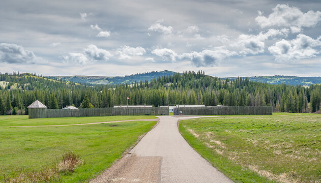 Distant view of Fort Walsh National Historic Site in the Cypress Hills near Maple Creek, Saskatchewan, Canada