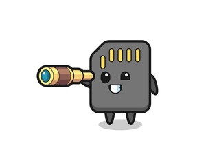 cute sd card character is holding an old telescope