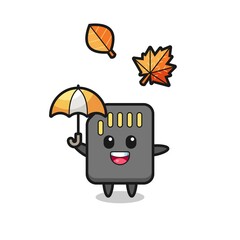 cartoon of the cute sd card holding an umbrella in autumn