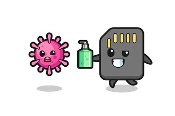 illustration of sd card character chasing evil virus with hand sanitizer