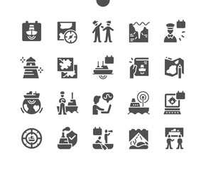 World Hydrography Day 21 June. Map and compass. Hydrography studies. Calendar. Twenty first of june. Ocean shipping safety. Seaman and boat. Vector Solid Icons. Simple Pictogram