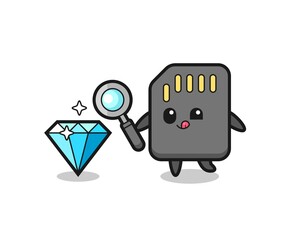 sd card mascot is checking the authenticity of a diamond