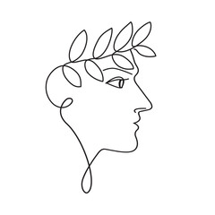 Linear vector illustration of male face in profile with floral decorative elements. Isolated black hand drawing on a white background.