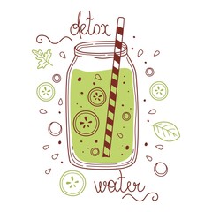 Green water detox drink, fruit smoothie, organic lemonades in glass bottle, jar and jugs with straws. Refreshing summer homemade beverages. Colored flat, drawn vector illustration isolated on white