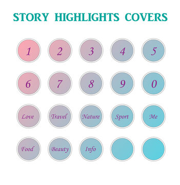 Instagram Story Highlights Cover Icon set, gradient background numbers and words