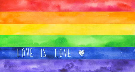 Cute rainbow flag for a pride month hand drawn in watercolor with a lettering love is love.