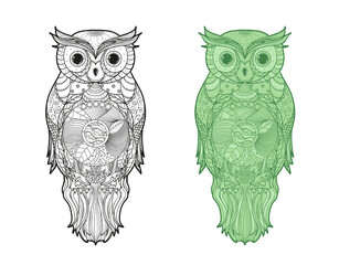 Owl on isolated white. Detailed hand drawn line bird with abstract patterns on isolation background. Abstract ornate character. Different color options