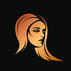 Hair salon and beauty studio illustration.Long, wavy hairstyle woman with elegant makeup.Fashion, cosmetics and spa icon.Young lady portrait.Beautiful model face.Luxury,glamour style.Gold color.