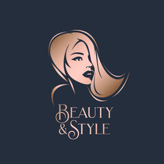 Hair salon and beauty studio illustration.Long, wavy hairstyle woman with elegant makeup.Fashion, cosmetics and spa icon.Young lady portrait.Beautiful model face.Luxury,glamour style.Gold color.