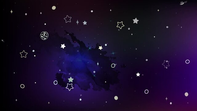 Dark purple space with stars and flying ufo icons in 4k video.