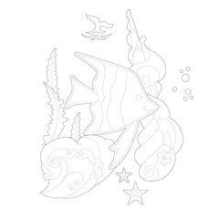 Contour linear illustration for coloring book. Beautiful fish, anti stress picture. Line art design for adult or kids  in zentangle style and coloring page.