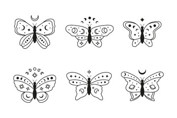 Set of hand drawn celestial butterfly with stars, crescent and moon phases.