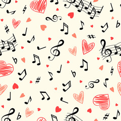 Seamless pattern with hand drawn hearts and notes. Creative love texture. Vector