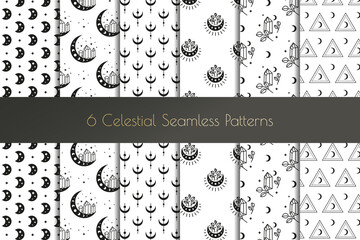 Set of black and white boho seamless patterns.