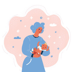Vector illustration of sad exhausted mother holding baby