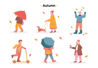People in the autumn park have fun, walk the dog, ride a scooter, play with autumn leaves, a man walks with an umbrella. Young girl in a long coat walking down the street and drinking coffee.