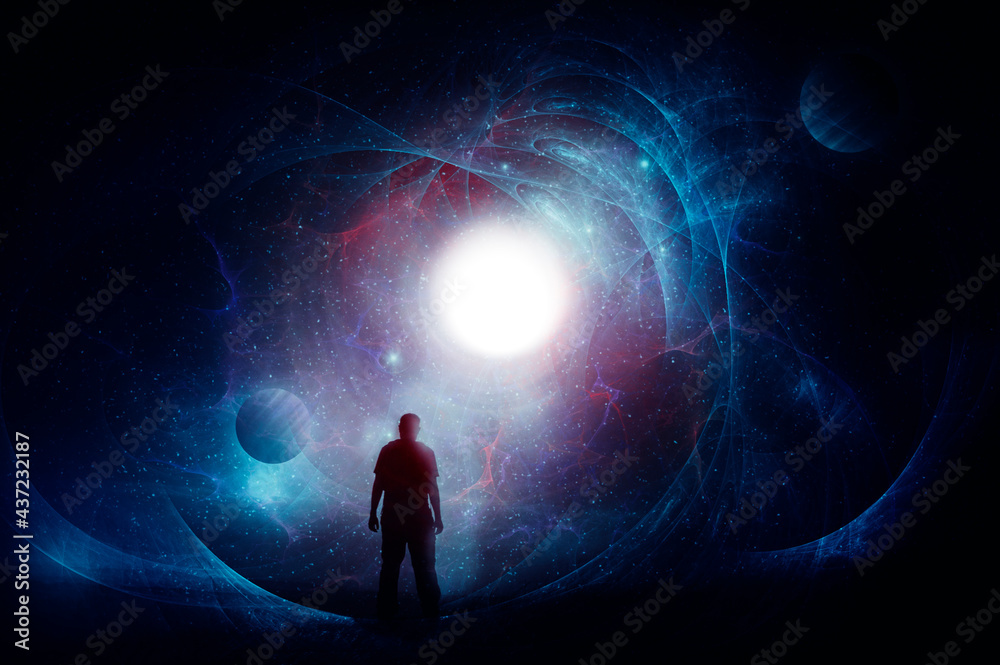 Wall mural a science fiction concept of a man, back to camera, looking at a bright sun set against a universe o