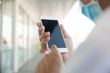 Close up hand holding mobile smart phone technology , call phone ,mobile phone ,