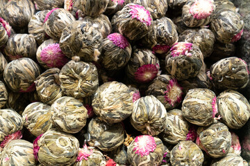 Fototapeta na wymiar Dry flower tea Background dried petals of rose Healing herbs herbal medicine. Top view blur textures soft focus