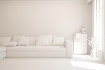 White minimalist living room with sofa. Scandinavian interior design. 3D illustration