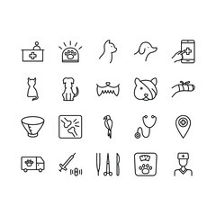 Veterinary clinic flat line icons set. Stethoscope, xray, broken leg, protective collar, injection, cleaning teeth. Simple flat vector illustration for clinic, web site or mobile app. Editable stroke
