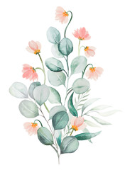 Naklejka na ściany i meble Watercolor pink flowers and green leaves bouquet illustration