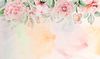 Naklejki  Watercolor pink flowers and green leaves card illustration