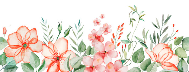 Watercolor pink flowers and green leaves seamless border illustration