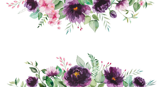 Watercolor purple flowers and green leaves border illustration