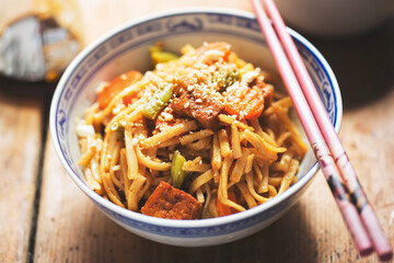 Pad thai tofu, pasta with tofu and vegetables, nuts