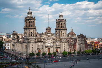 Historical landmark Metropolitan Cathedral at Plaza de la Constitucion in Mexico City, Mexico.