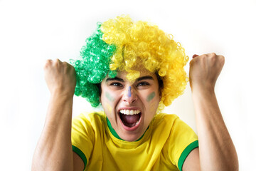 Sport fan Cherring. Beautiful brunette girl in yellow uniform. Woman celebrates sports and game...