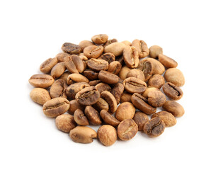 Heap of roasted coffee beans isolated on white