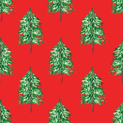 Green Christmas trees on a red background. Seamless background with trees. Watercolor illustration with elements of nature. Ecology. New Year. For the design of gift wrapping, printing on fabric.
