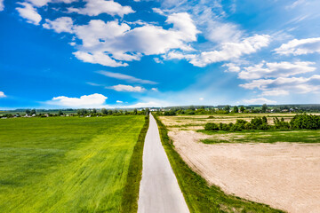 Obraz premium Aerial panoramic view of nature. The road in the fields and dense forest. Fields, meadows, road, outside urban nature in Europe. Blue beautiful sky and white clouds. Natural landscape, summer. 