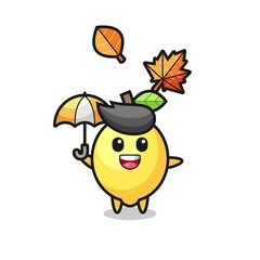 cartoon of the cute lemon holding an umbrella in autumn