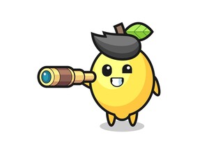 cute lemon character is holding an old telescope