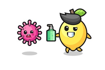 illustration of lemon character chasing evil virus with hand sanitizer