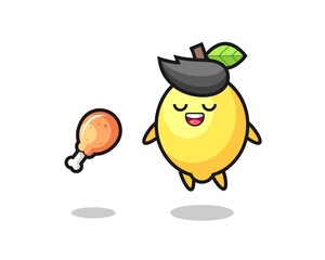 cute lemon floating and tempted because of fried chicken