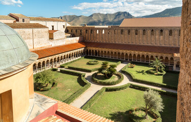 Top view of Garden of Benedictine Cloister beside the Cathedral of Monreale, province of Palermo,...