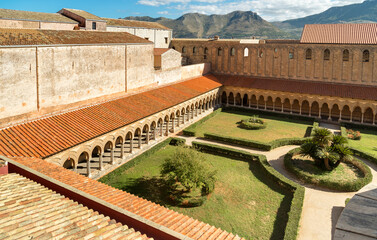 Top view of Garden of Benedictine Cloister beside the Cathedral of Monreale, province of Palermo, Sicily, Italy
