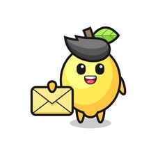 cartoon illustration of lemon holding a yellow letter