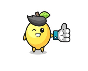 cute lemon with social media thumbs up symbol