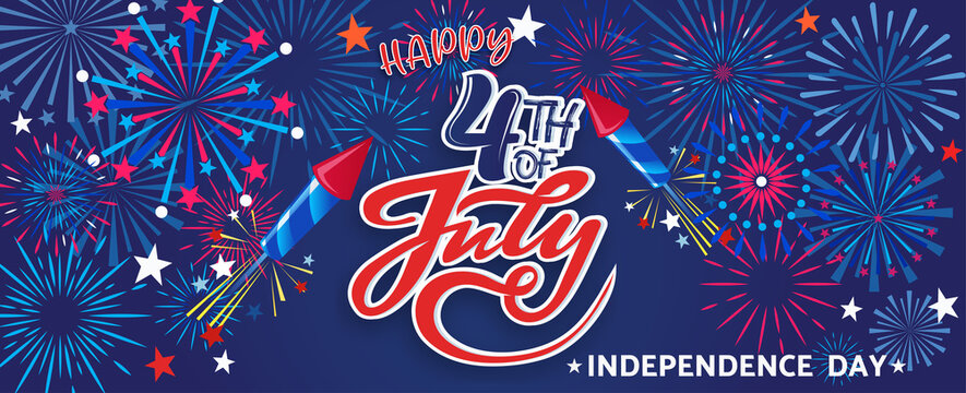 4th July Happy Independence Day holiday banner template with festive fireworks - Vector illustration