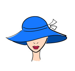Woman with blue broad-brim hat. Flat style illustration